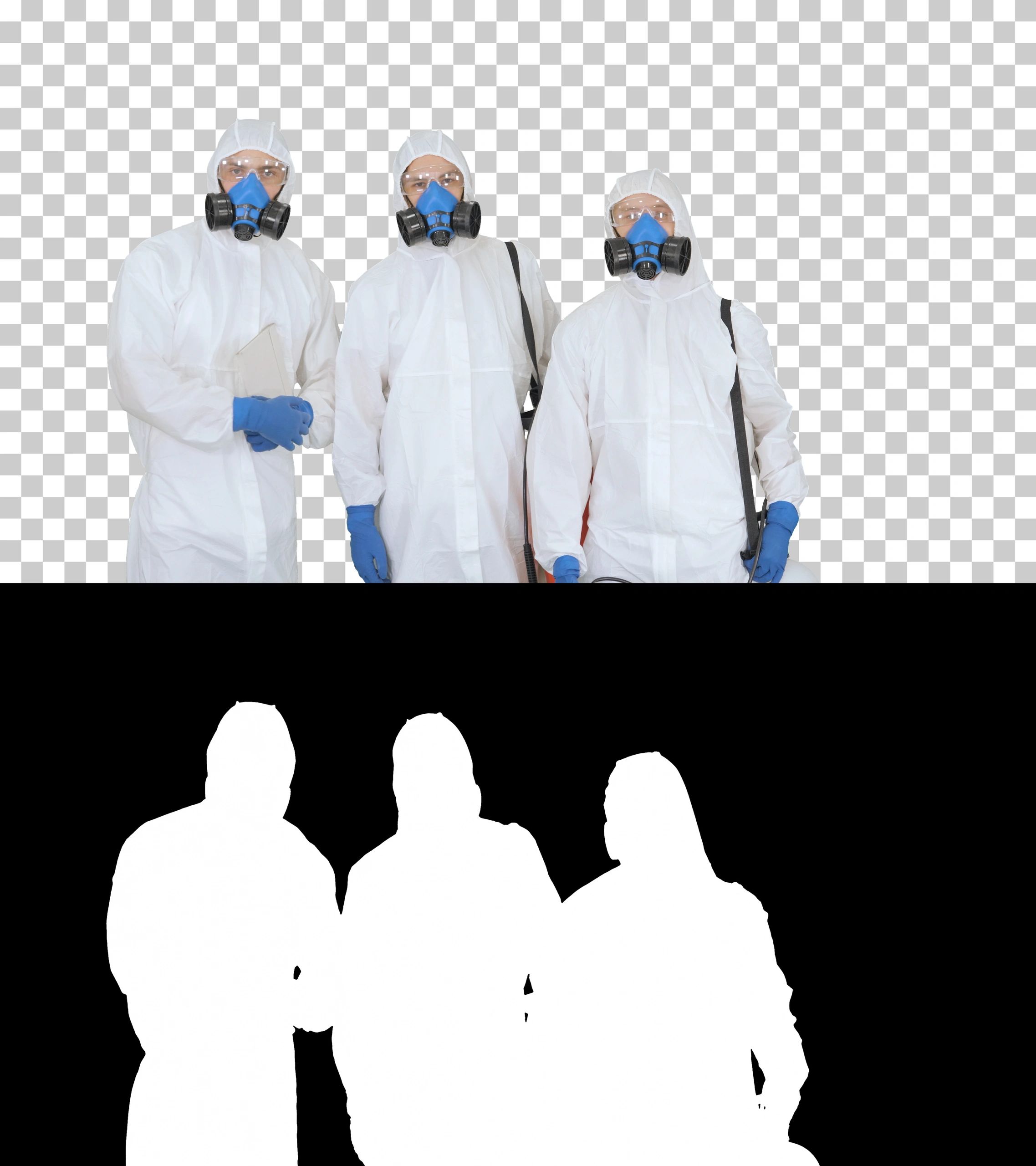 Hazmat emergency response team in protective suits preparing decontamination equipment