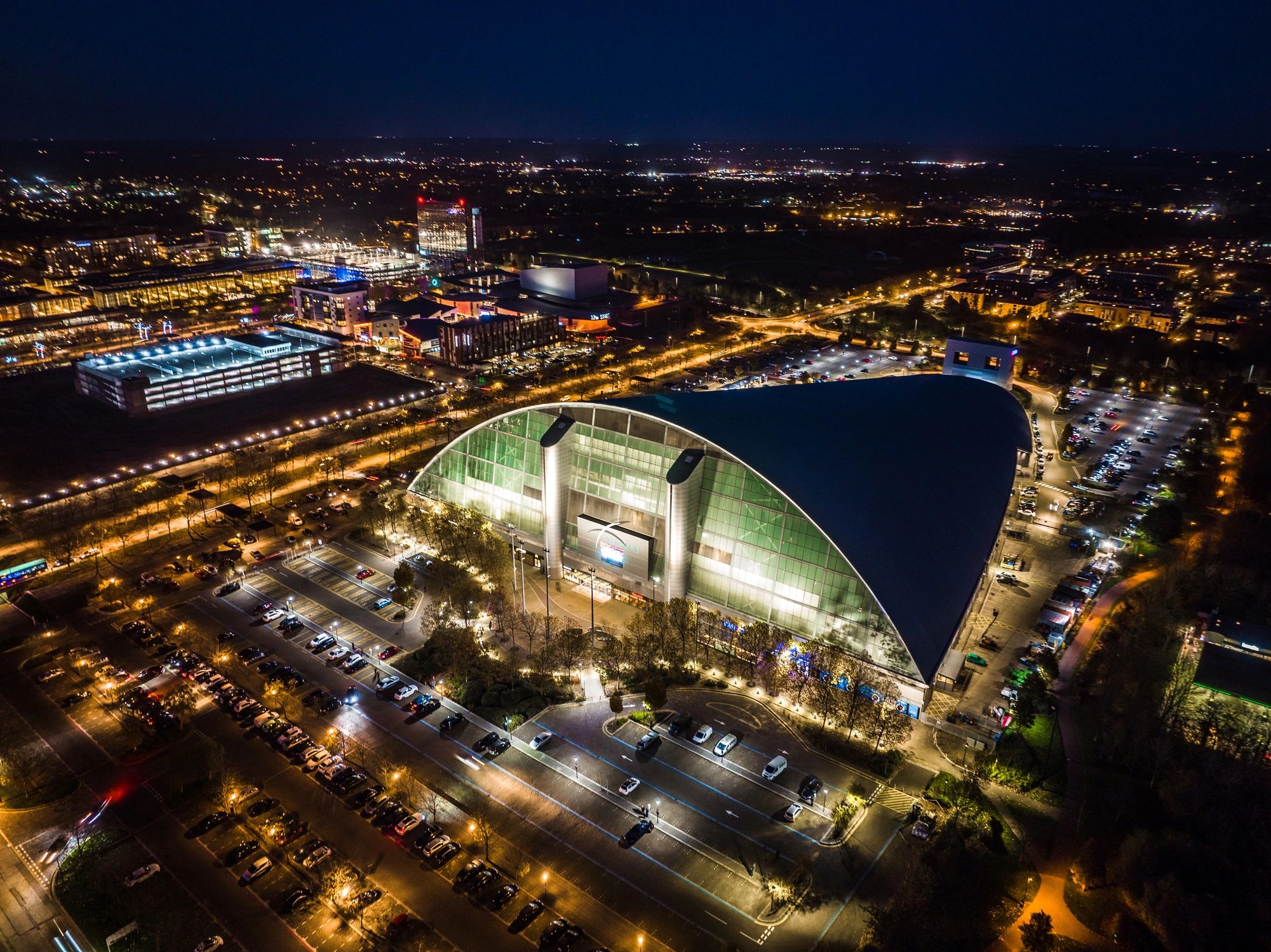 Drone view of infrastructure at night