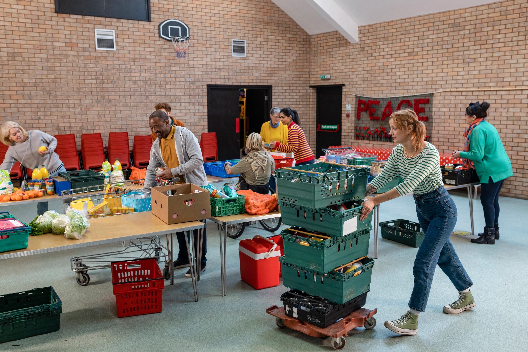 Volunteers organizing relief supplies for community support