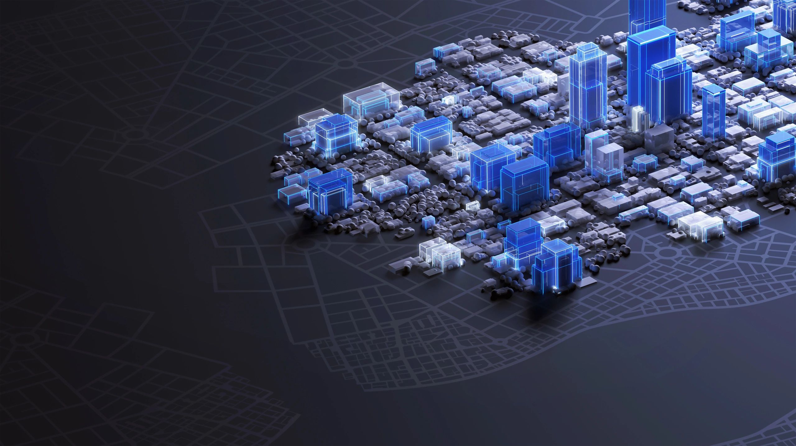 Abstract technical city model with illuminated blue data-like lines