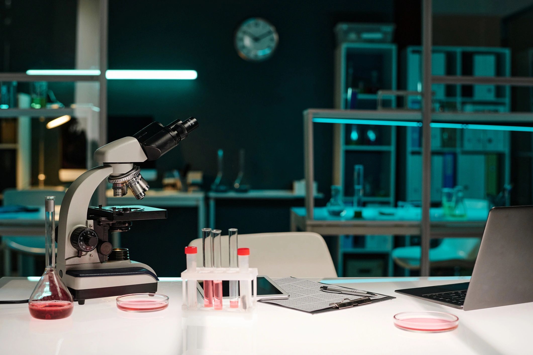 Labware and laptop in a scientific laboratory
