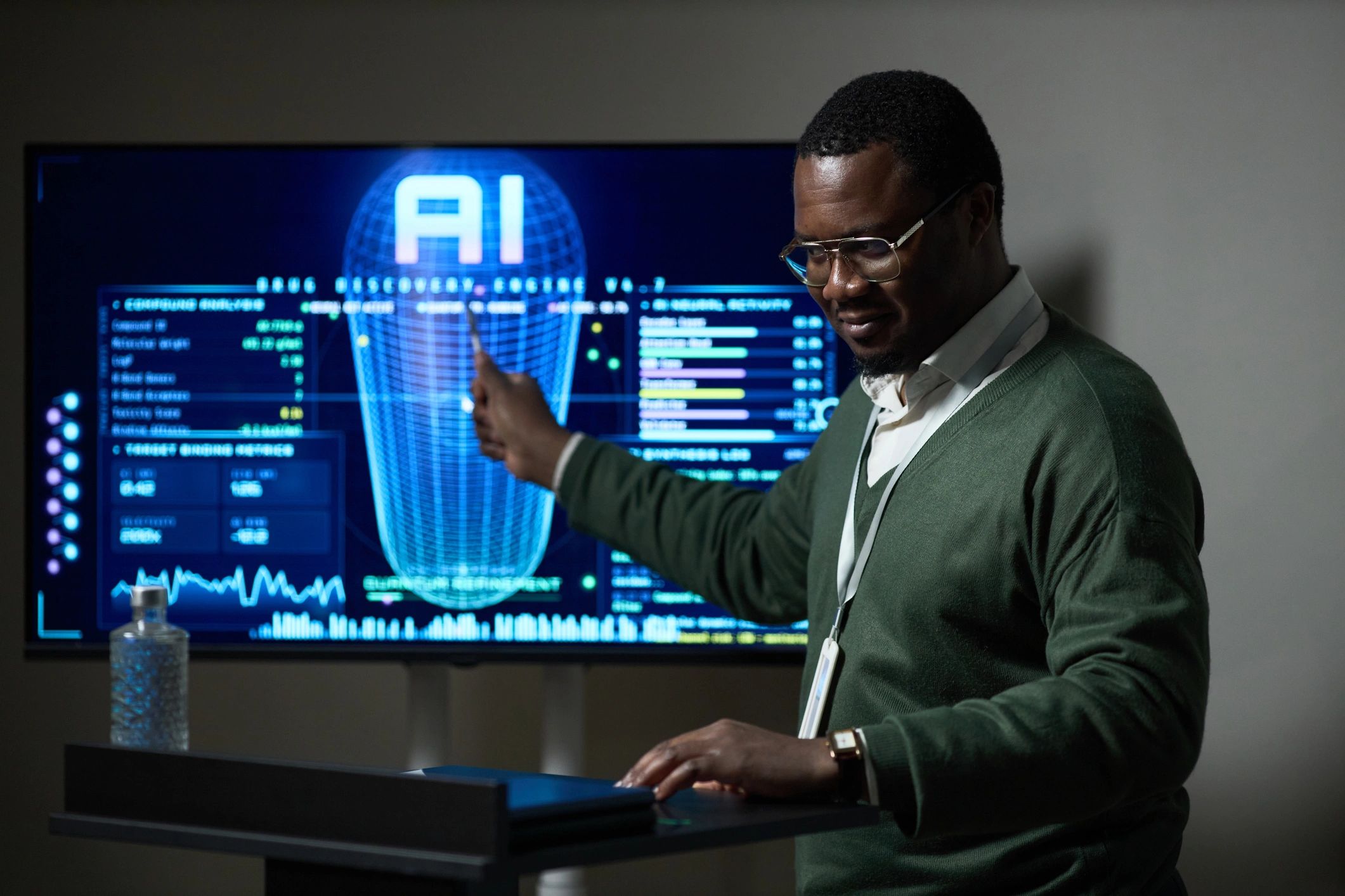 Digital forensics analyst presenting cyber analytics dashboard