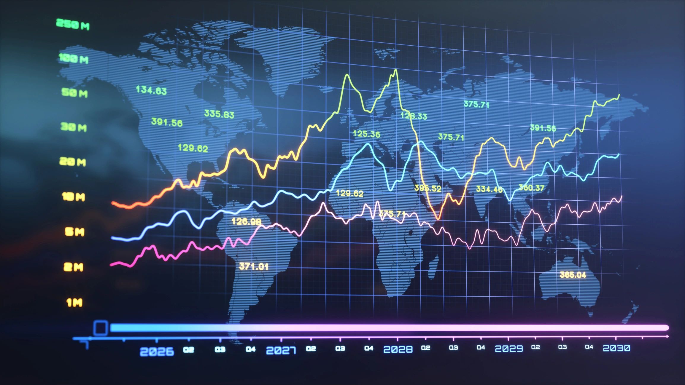 Close-up scientific data screen with world map