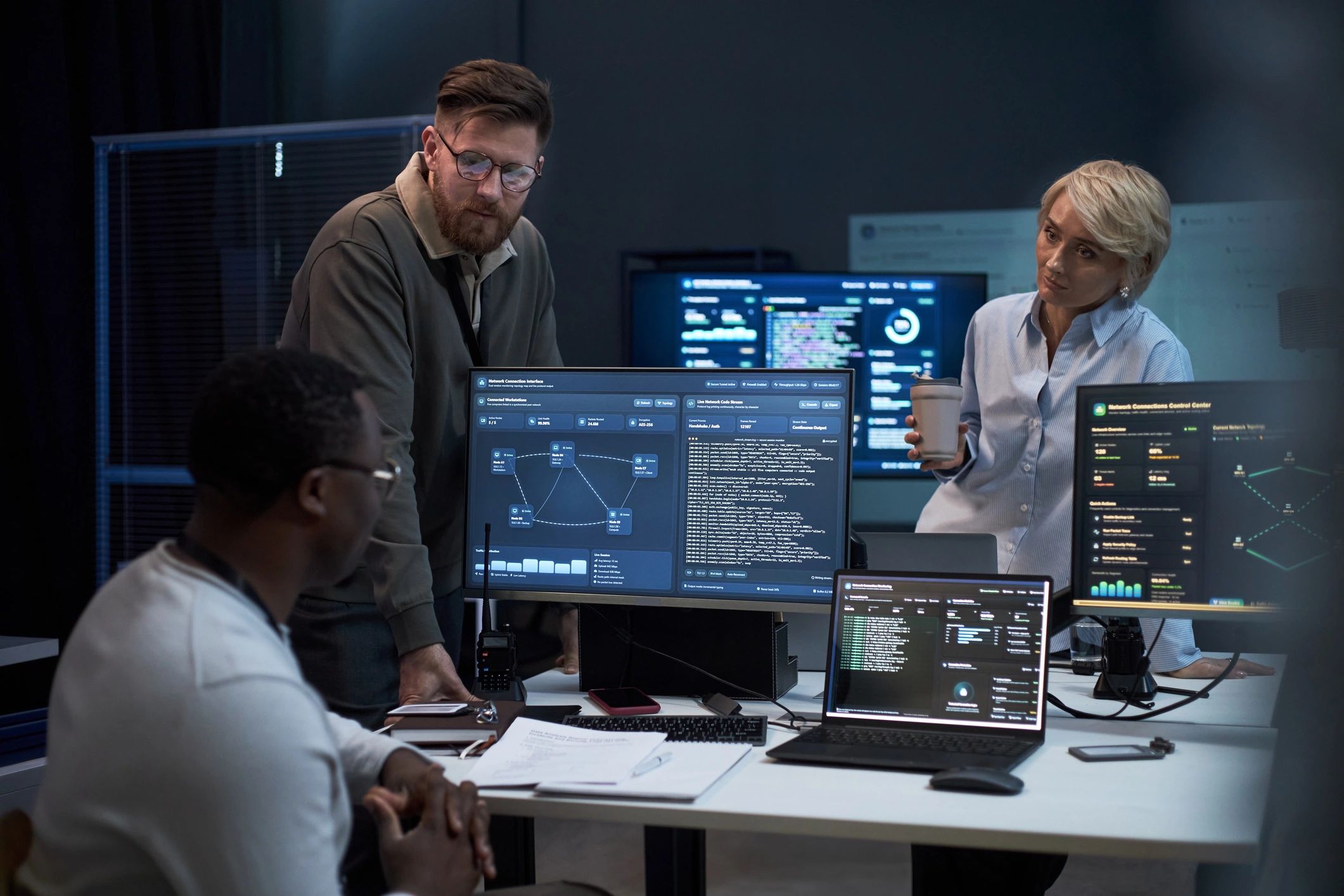 Analysts reviewing threat data in an operations center