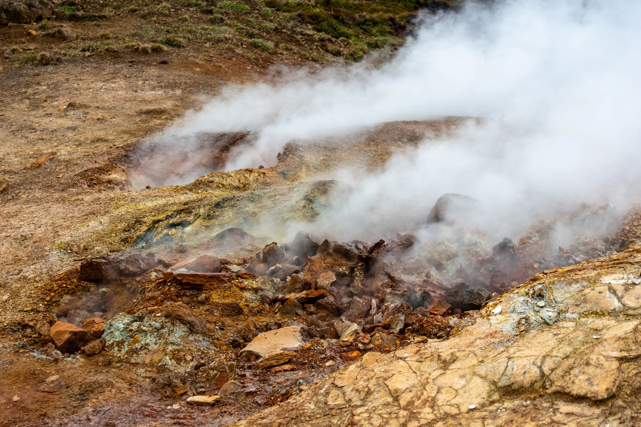 Geothermal steam vents rising from a volcanic field